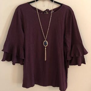 Loft classic plum tiered ruffle cuffed top.